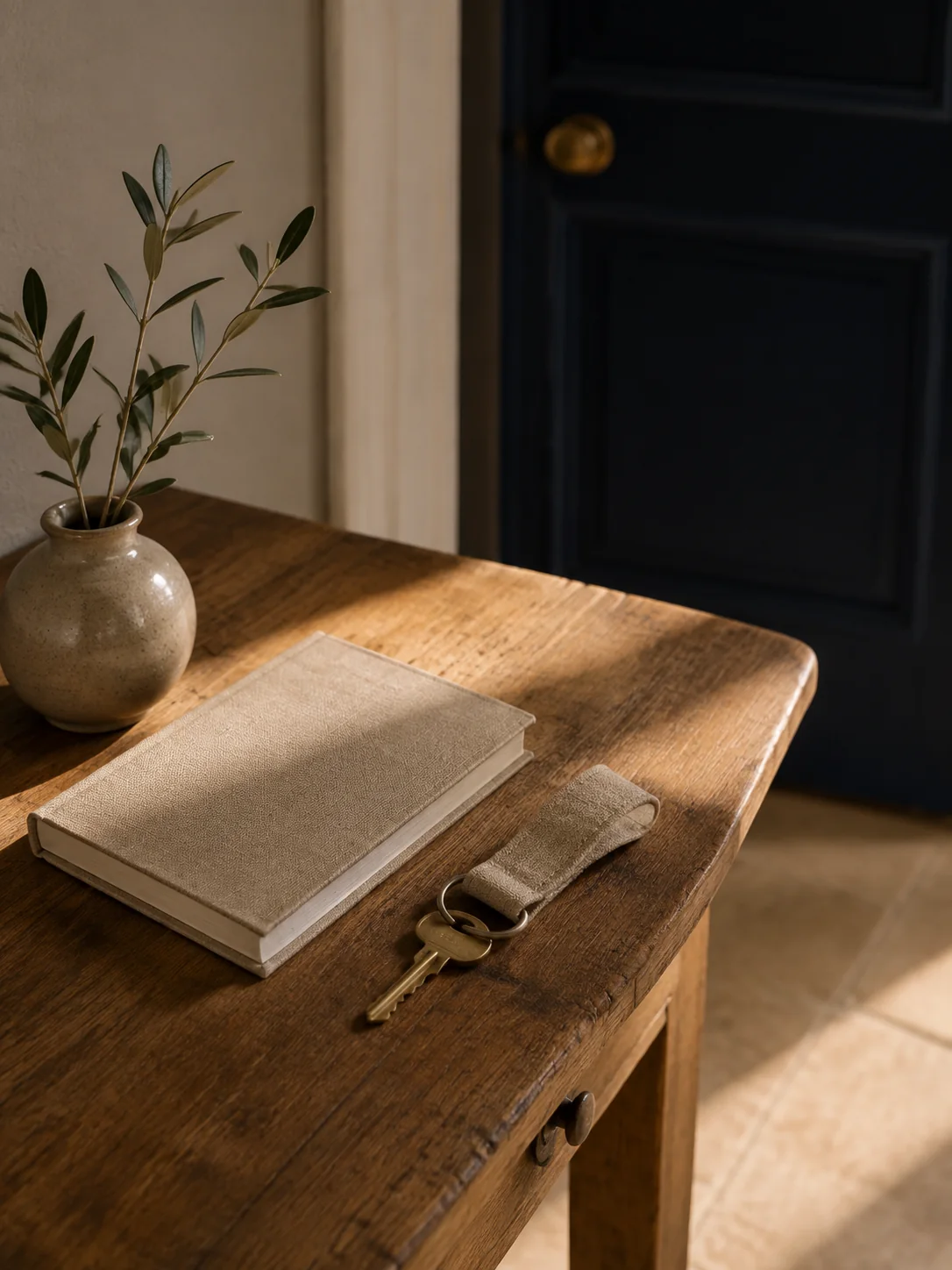 Clé et carnet en lin sur une console en bois