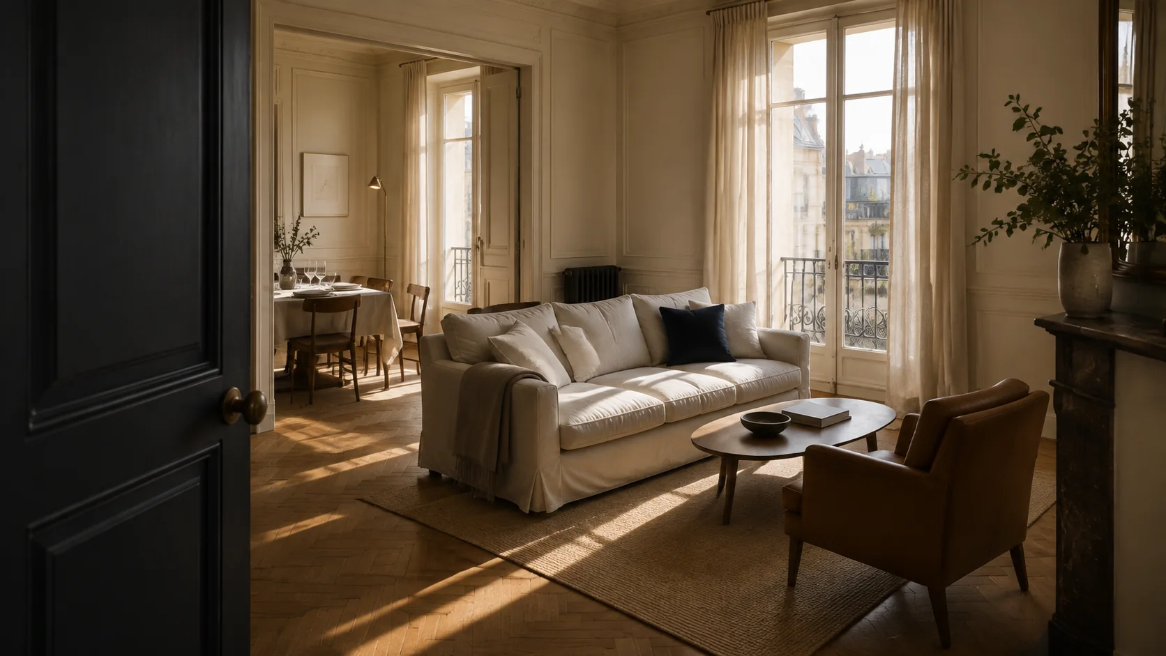 Lumière douce dans un appartement préparé pour accueillir des voyageurs