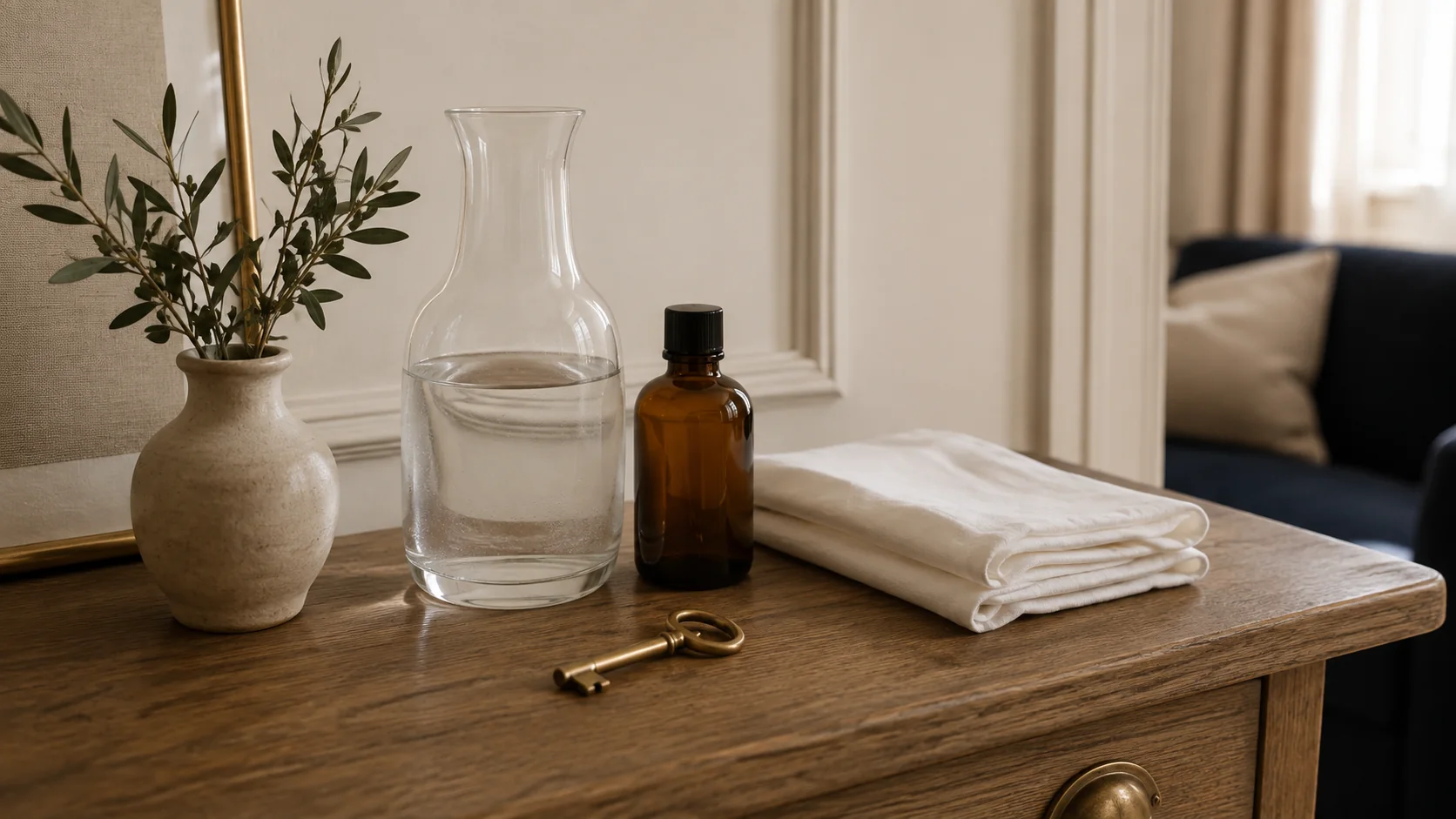 Petite attention d’accueil, carnet et fleur sur une table en bois