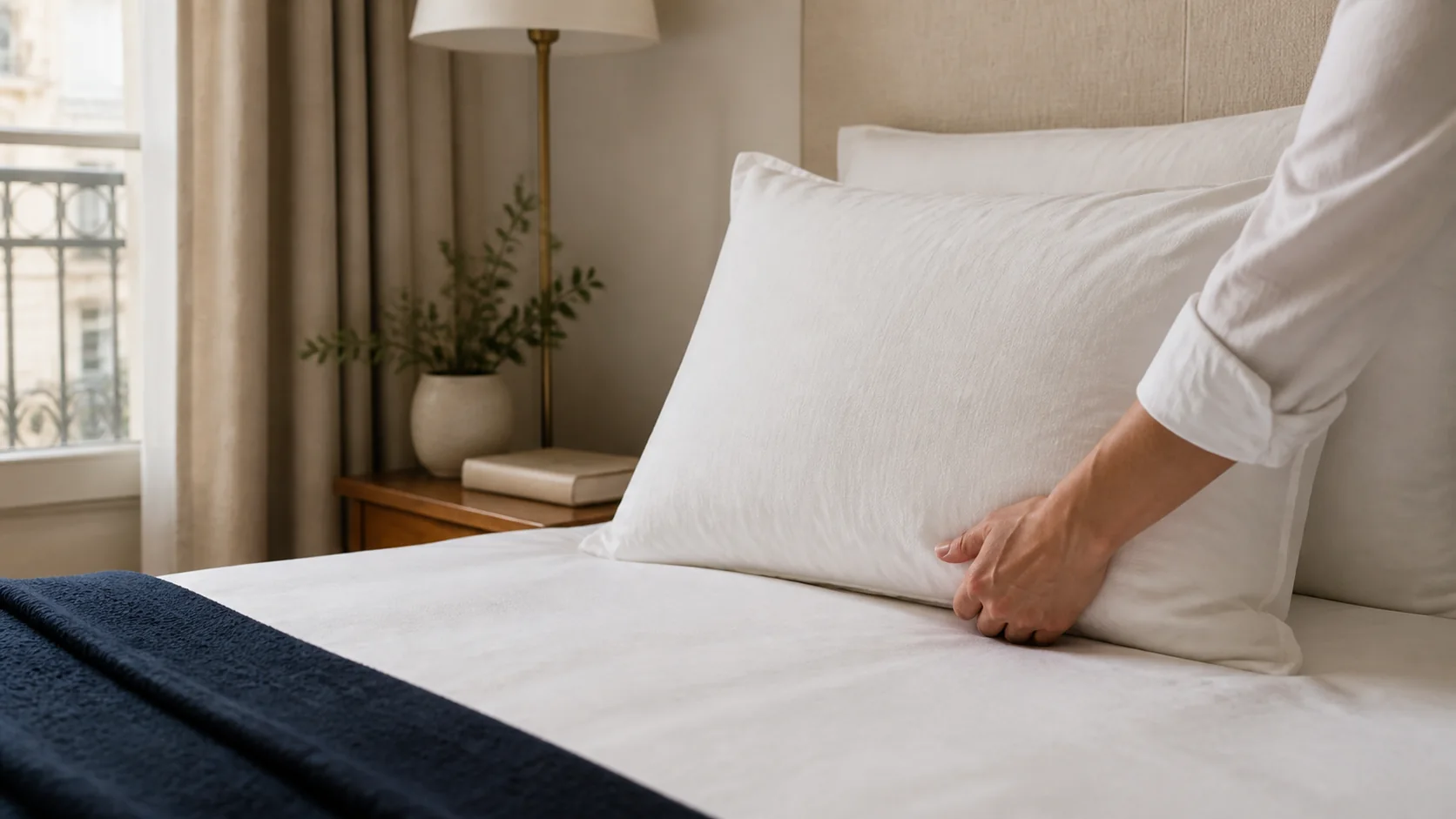 Geste discret de préparation d’un lit blanc, sans visage visible
