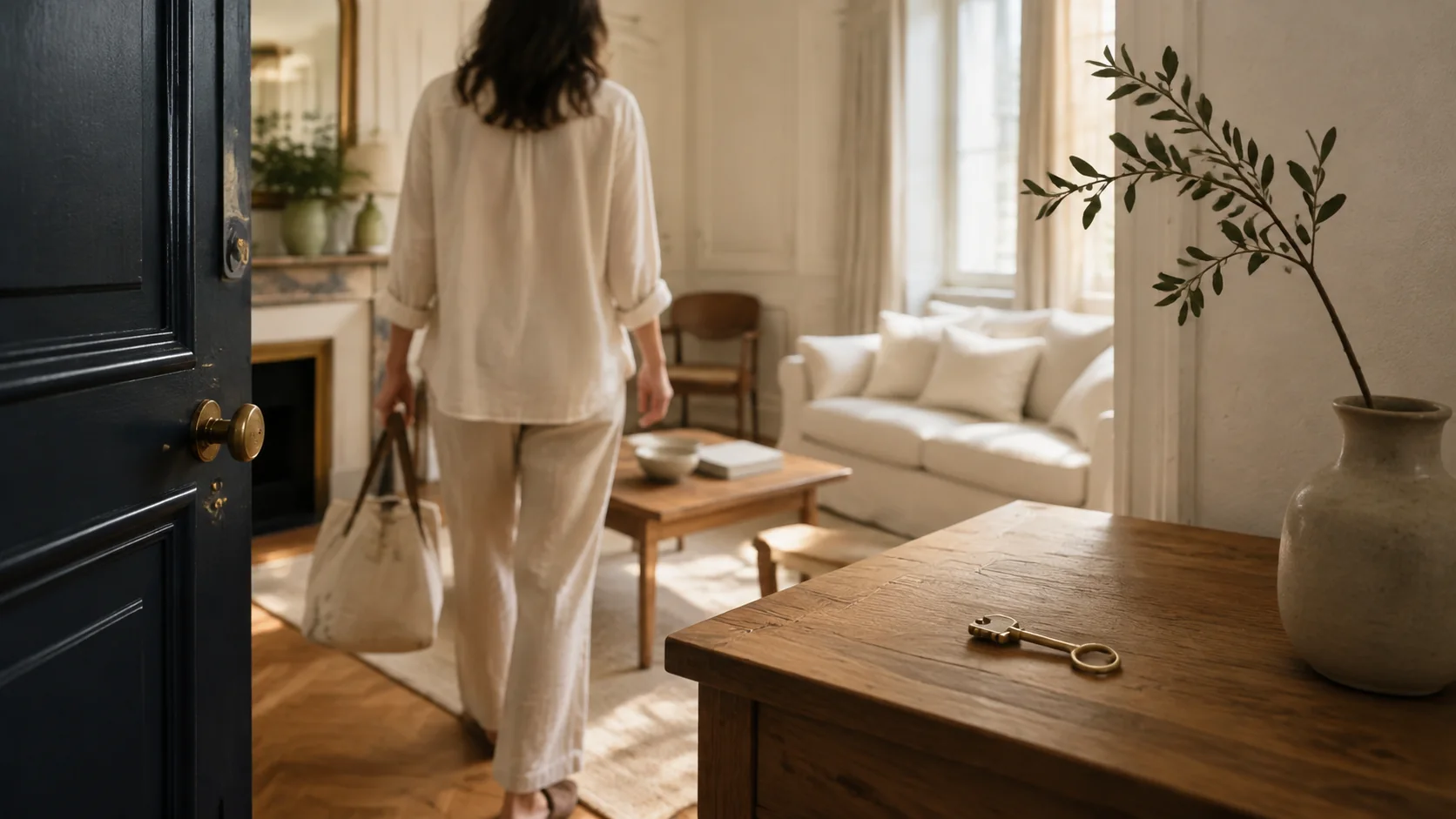 Une voyageuse de dos entre avec son sac dans un salon lumineux