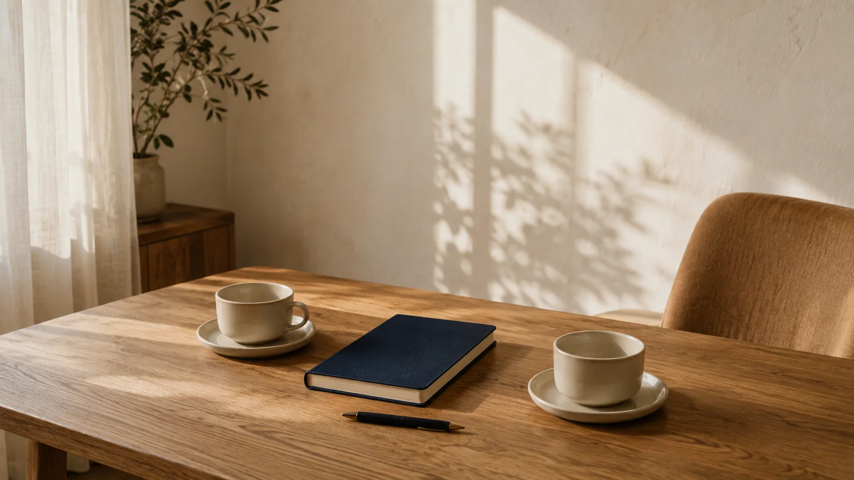Deux tasses et un carnet sur une table, prêts pour une conversation
