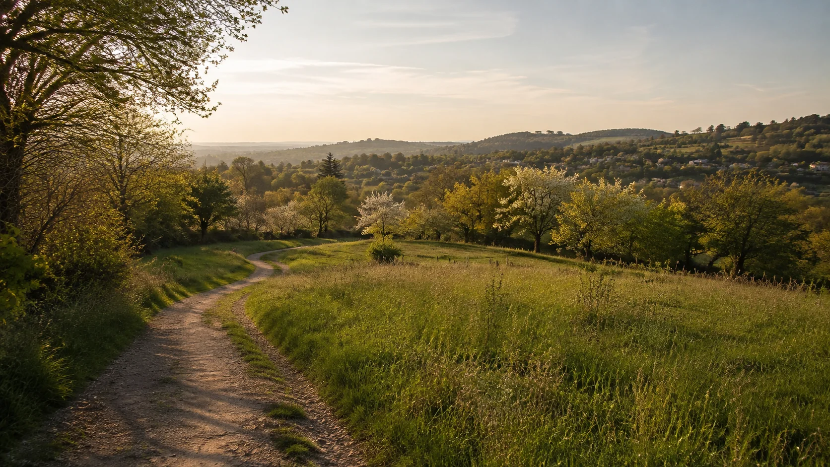 Collines du Sud-Ouest lyonnais et habitat dans une lumière naturelle