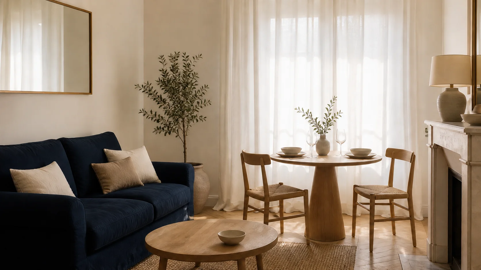 Petit salon avec canapé bleu nuit et table dressée pour deux près de la fenêtre