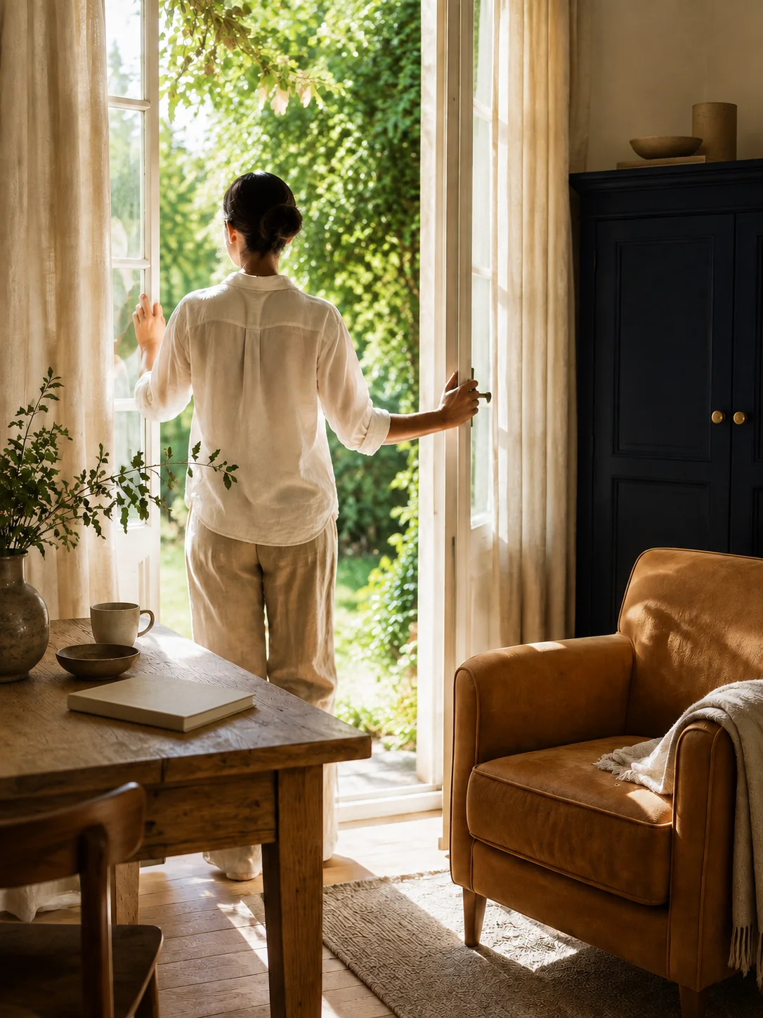 Une femme de dos ouvre les portes-fenêtres sur le jardin