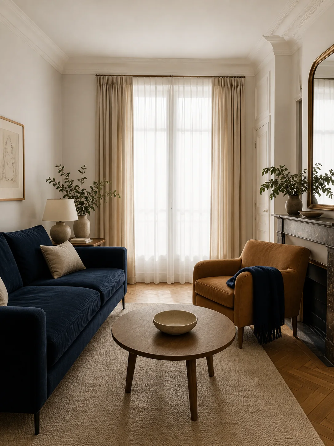 Salon aux grandes fenêtres, canapé bleu nuit et parquet en chêne