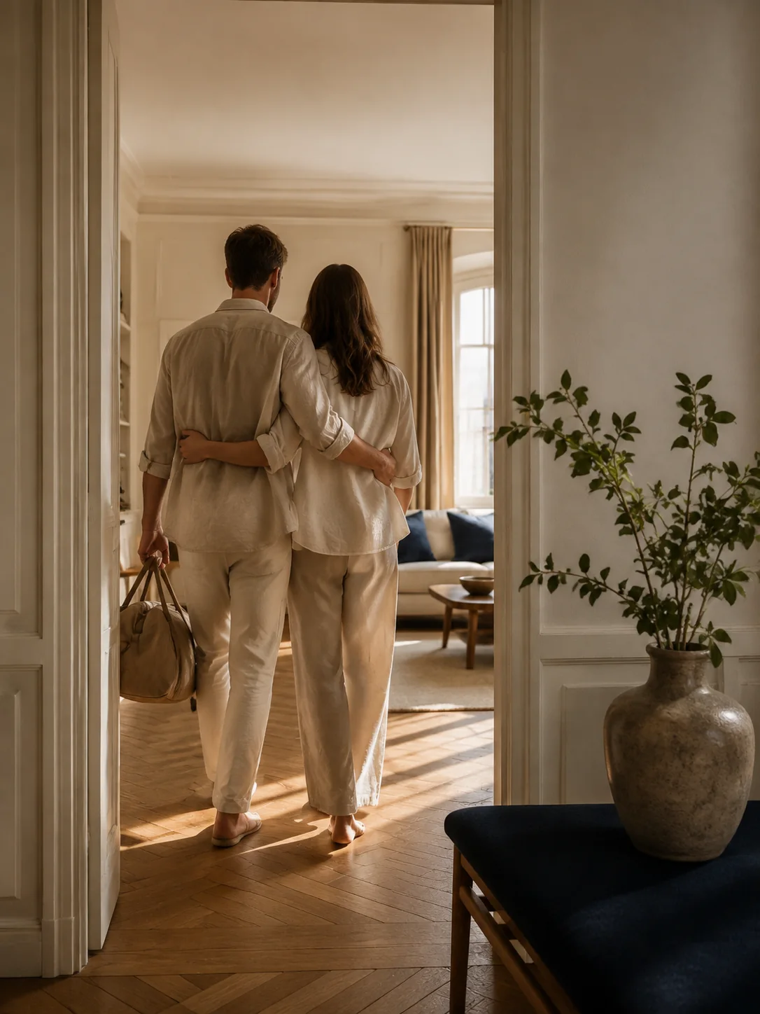 Un couple de dos entre dans un appartement avec un sac de voyage