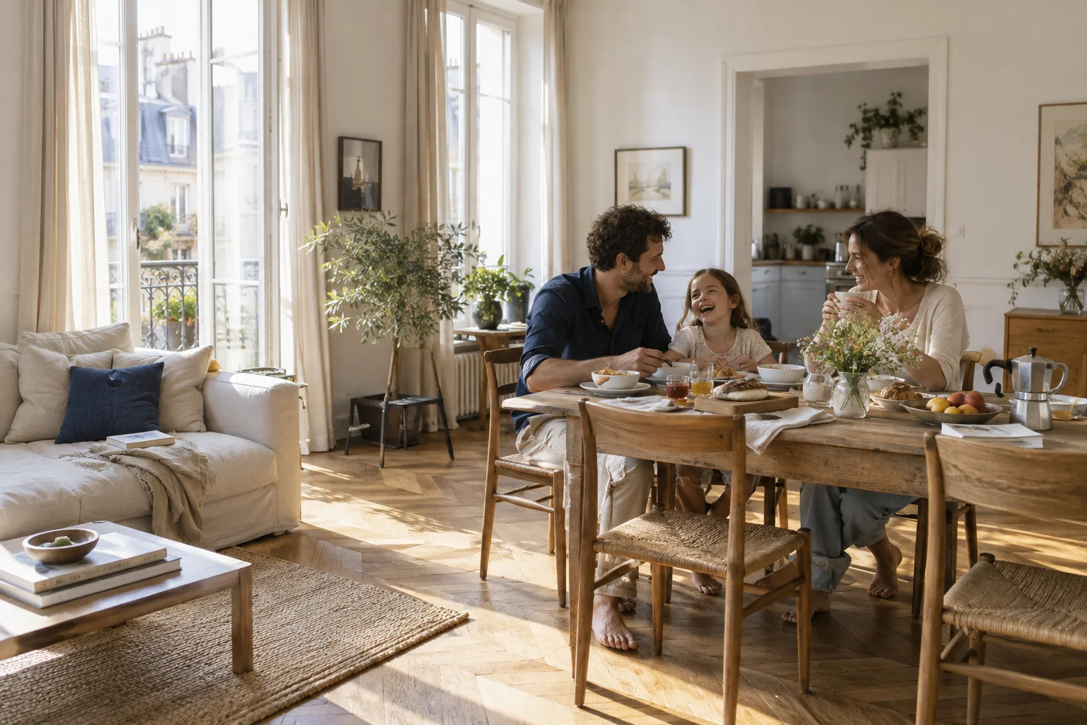 Une famille partage un rire autour du petit-déjeuner dans un appartement lumineux
