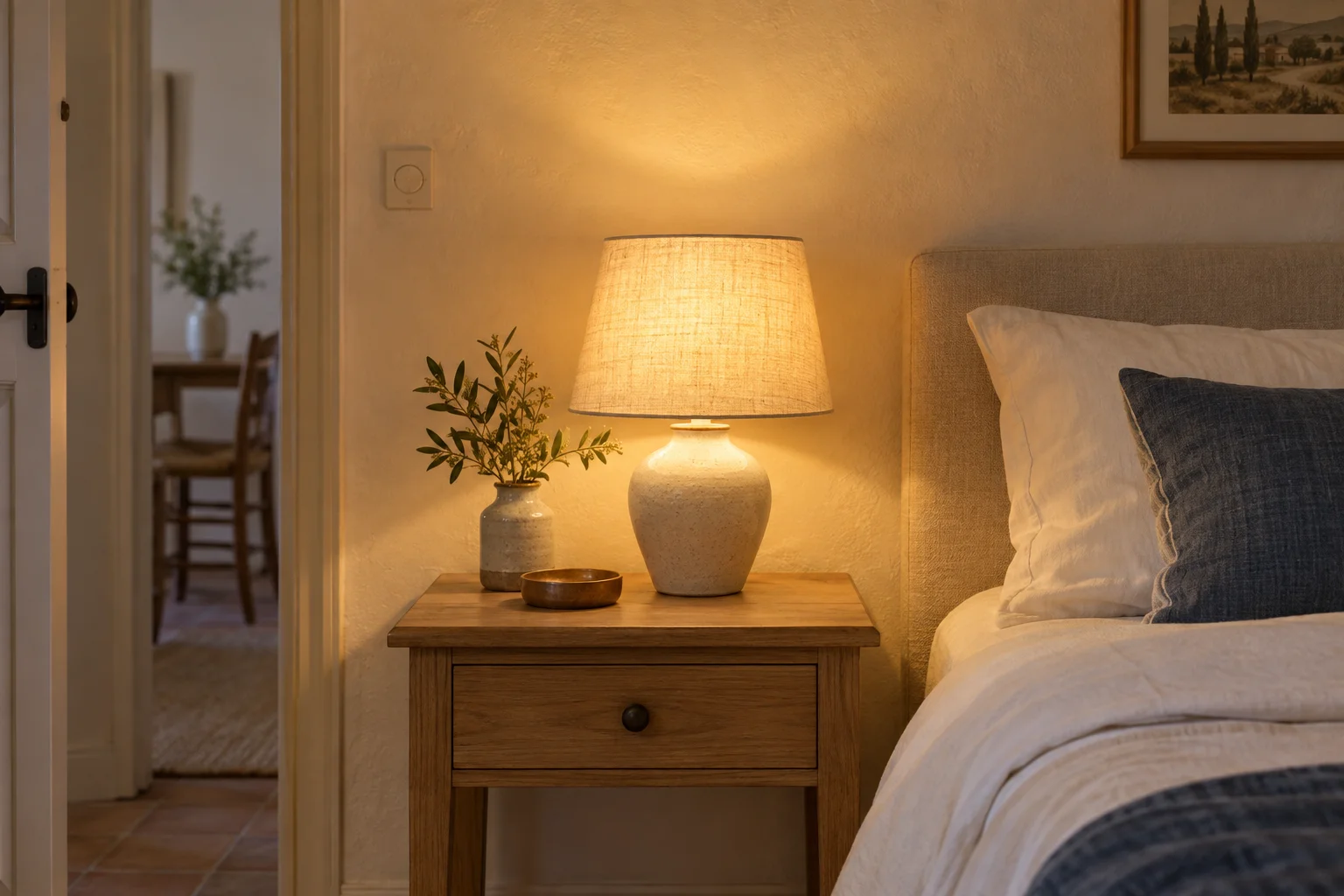 Lampe de chevet allumée, une lumière chaleureuse dans la chambre