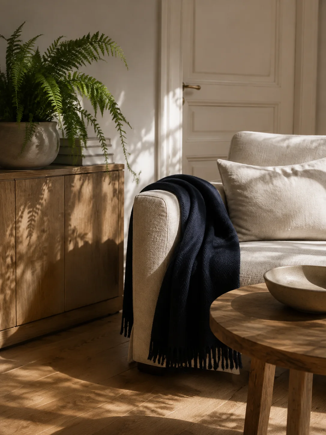 Salon chaleureux avec fauteuil, coussins et plante verte