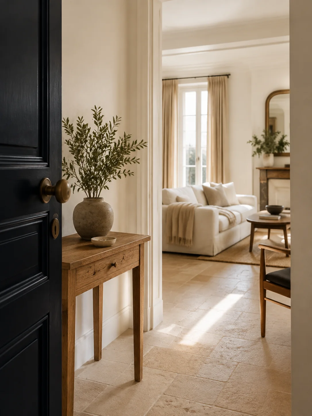 Pièce de vie lumineuse avec une table en bois et des fleurs