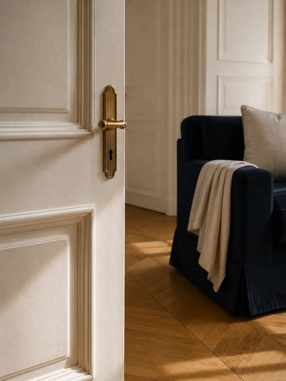 Détail d’un intérieur entretenu, poignée de porte et lumière naturelle