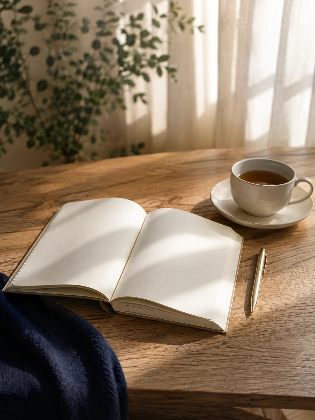 Carnet ouvert sans texte lisible sur une table baignée de lumière