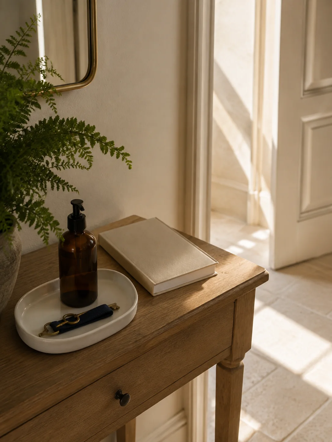 Clé et carnet disposés sur une console en bois pour une arrivée