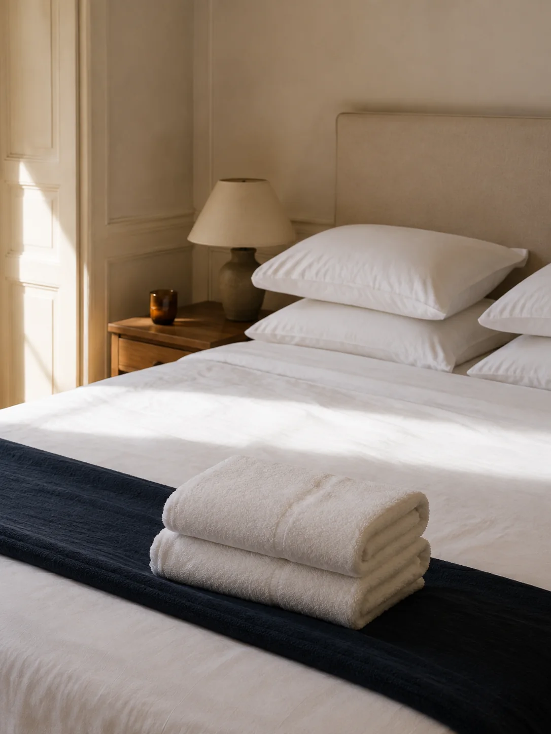 Linge blanc soigneusement préparé sur un lit dans une chambre lumineuse