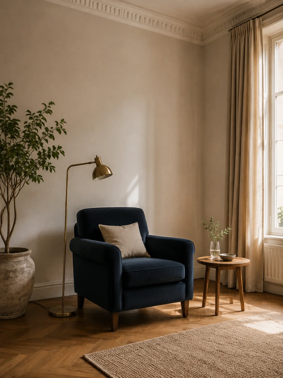 Salon soigneusement préparé avec fauteuil bleu nuit et plante verte