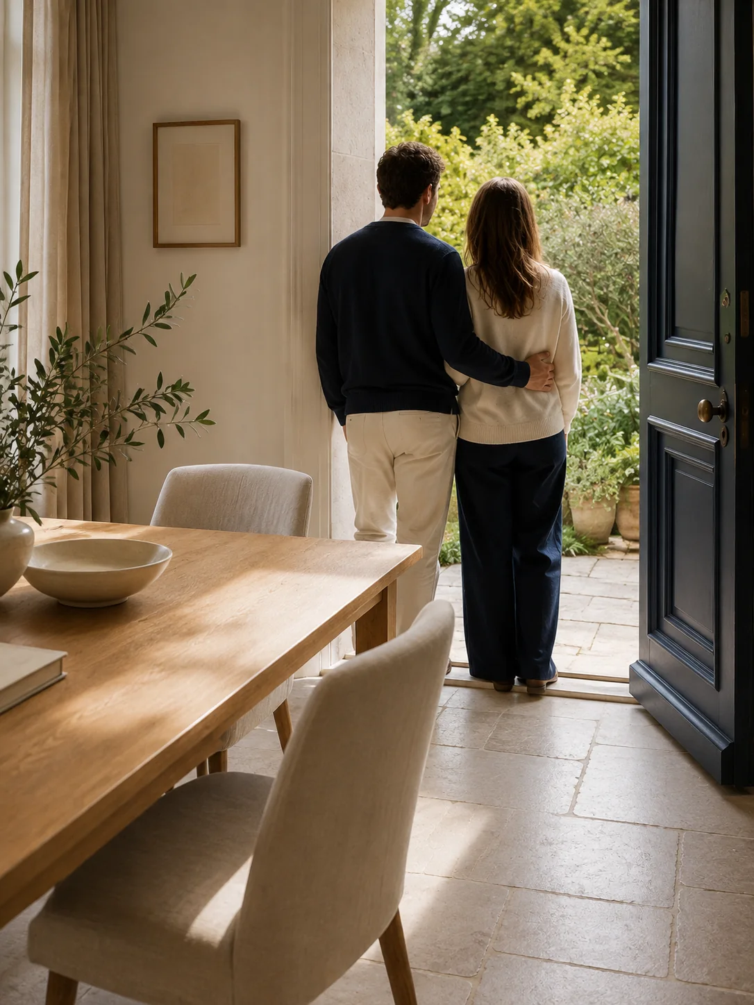 Un couple de dos profite du jardin devant une maison aux volets clairs